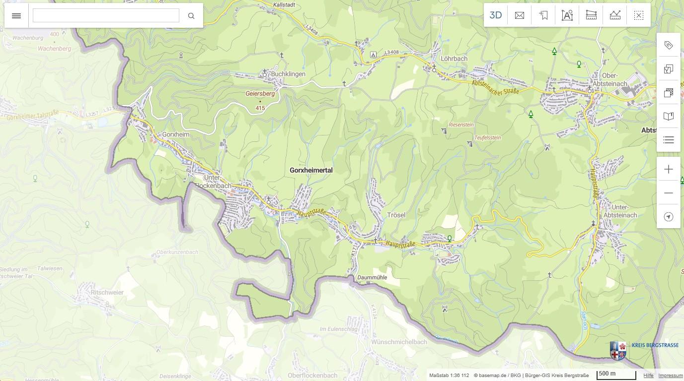 Auszug Gemeinde Gorxheimertal Bürger-GIS Kartenauszug Gemeinde Gorxheimertal aus dem Bürger-Geoinformatiossystem (kurz GIS) des Kreis Bergstraße. Kartendarstellung als Grundkarte mit geografischen Informationen wie zum Beispiel Straßen und Gebäuden.