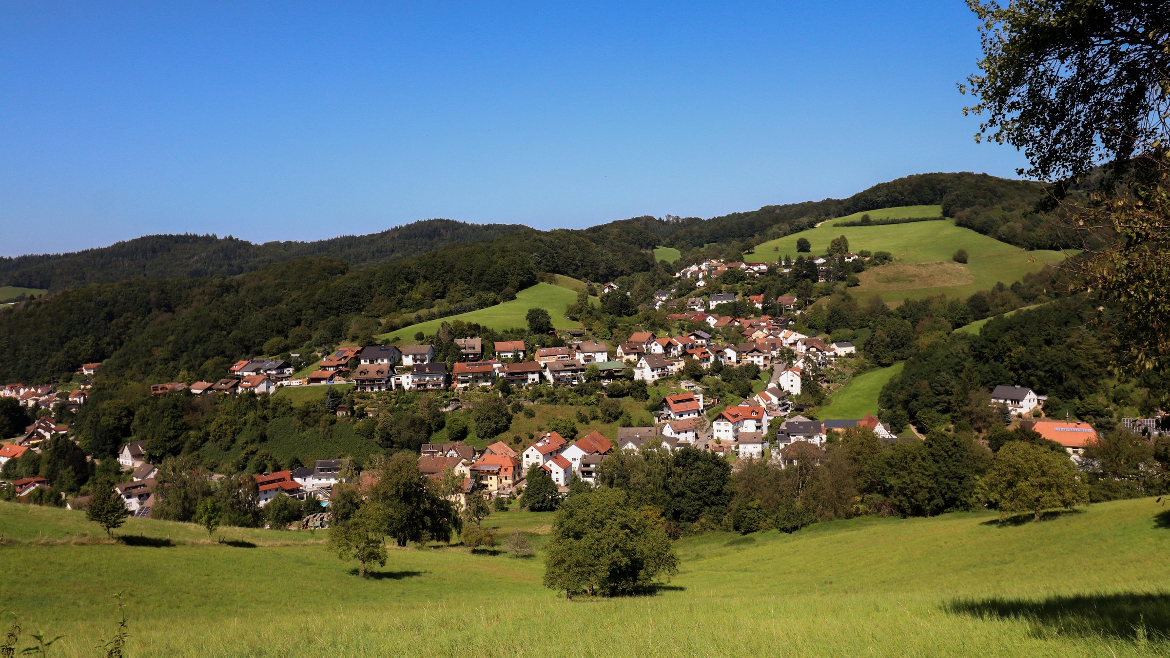Ein Panoramabild von Trösel, aufgenommen von einem höher gelegenen Punkt oberhalb der Hauptstraße. Das Dorf erstreckt sich über einen grünen Hügel und ist von Wäldern und offenen Wiesen umgeben. Die Häuser mit ihren roten und braunen Dächern sind malerisch in die Landschaft eingebettet. Der Himmel ist wolkenlos und strahlend blau. 