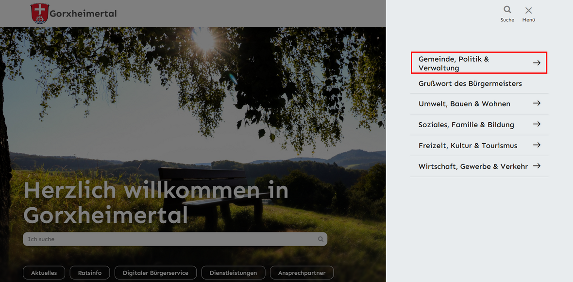 erster Hauptmenüpunkt Gemeinde, Politik und Verwaltung